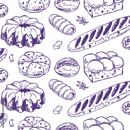 Pattern hand drawn line art illustration flat bakery products like glazed layer cake, French baguette, and buns. Trendy food background for kitchen textile, cafe menu, or wrapping paper.