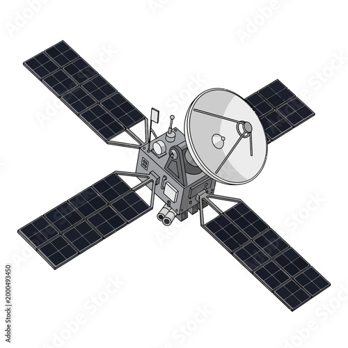 Space probe with solar panels and satellite dish, deep space exploration, scientific mission