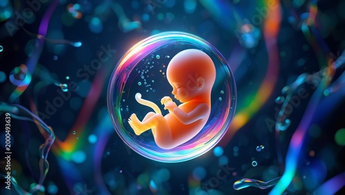 A highly detailed and colorful digital illustration of a fetus in an amniotic sac, representing the miracle of life and the advancements in IVF technology.
