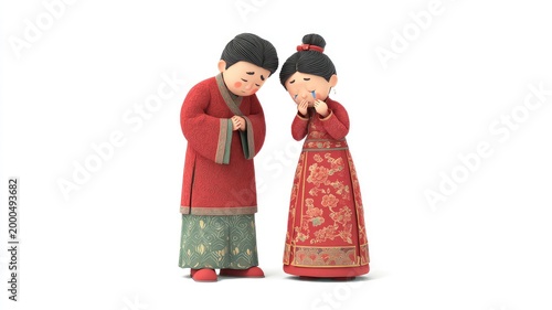 Sorrowful 3D Chinese Couple in Ornate Red Traditional Attire
