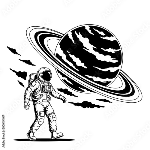 Astronaut walking in space near a ringed planet, cosmic clouds, science fiction, exploration