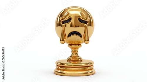 Sorrowful Victory: A Golden Crying Emoji Trophy Isolated on White