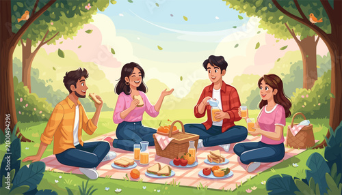 Group of Friends Enjoying a Picnic in the Park with Food, Drinks, and Laughter in a Relaxing Outdoor Setting