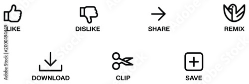 Like dislike share remix download, clip, and save icon vector illustration set for streaming video channel interface, featuring modern symbols such as thumbs up/down, share arrow, remix loop