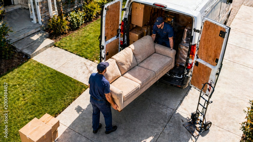 Professional movers unloading sofa from delivery van in suburban driveway, furniture relocation service with teamwork, home moving and transport logistics scene