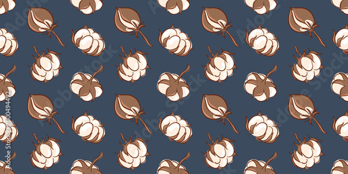 Seamless pattern with cotton plant on dark blue background. Botanical harvest natural fiber concept for fabric, textile. Vector illustration in flat style.