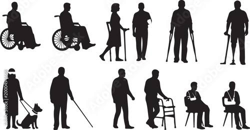 Set of 45 outline icons related to disability, disabled people. Linear icon collection. Editable stroke. Vector illustration