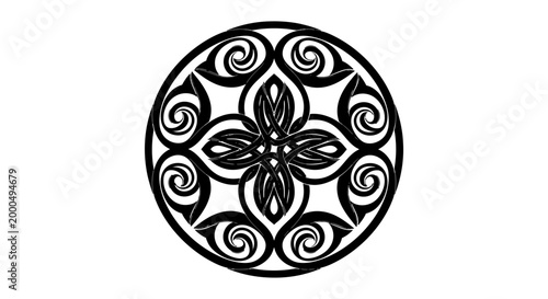 Ornate Circular Celtic Pattern with Central Flower Motif, Traditional Tribal Decorative Design on Isolated White Background