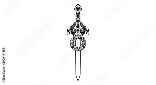 Vertical Celtic Sword Design with Intricate Knotwork, Traditional Tribal Weapon Illustration on Isolated White Background