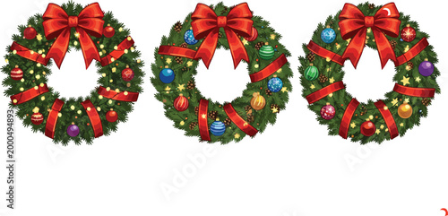 Festive Christmas Wreaths with Red Ribbons, Colorful Ornaments, Pine Cones, and Lights for Holiday Decorations and Seasonal Designs