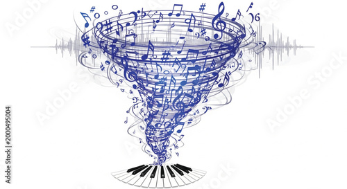 This dynamic illustration depicts a powerful musical tornado rising from a piano keyboard, filled with swirling musical notes and staff lines. Set against a backdrop of audio waveforms.