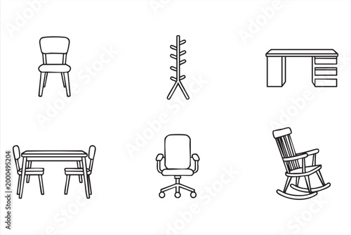 Furniture icon set, chair desk table and seating symbols, line vector collection for UI design and interior layouts