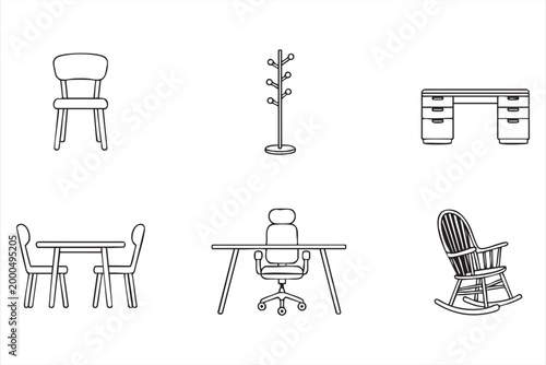 Office and home furniture line icons, chair desk table collection for workspace UI and web interface