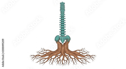 This conceptual illustration features a human spine transitioning into deep tree roots, symbolizing the foundation of health and grounding. It represents holistic wellness, chiropractic care.