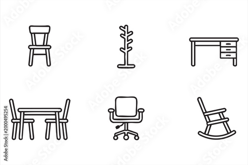 Home furniture icon pack, chair desk table and seating line symbols for UI kits and app design