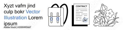 Education, work contracts, nature , business agreements, personal development, travel goals. A backpack, a signed contract and flowers are . Education and work contracts concept