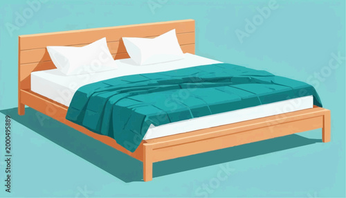 Modern wooden bed with pillows, teal blanket, flat vector, minimal style, solid colour background.vector illustration.
