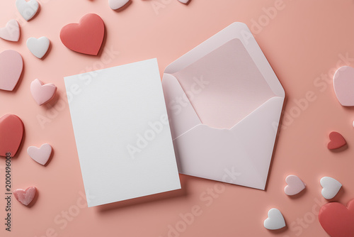 Valentine's greeting card mockup empty paper card with envelope, love background with paper hearts 