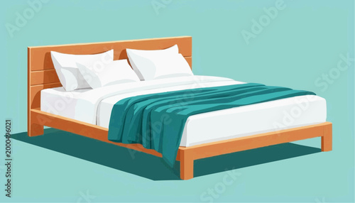Modern wooden bed with pillows, teal blanket, flat vector, minimal style, solid colour background.vector illustration.