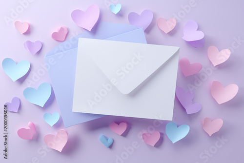 Valentine's greeting card mockup empty paper card with envelope, love background with paper hearts 
