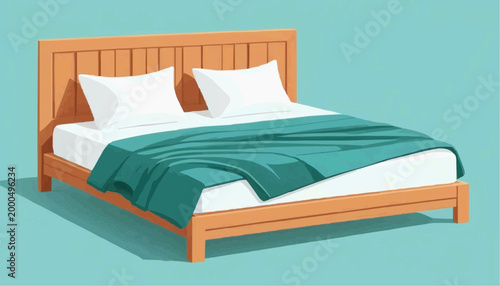 Modern wooden bed with pillows, teal blanket, flat vector, minimal style, solid colour background.vector illustration.