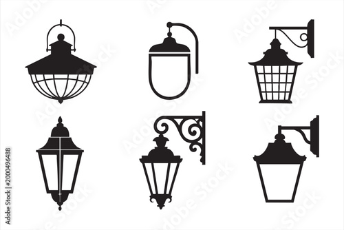 Vintage outdoor lamp icon set, street lantern lighting fixtures silhouette for architecture and urban elements