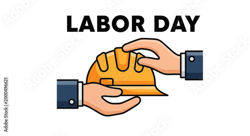 Business hands holding yellow construction hard hat for Labor Day