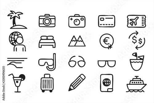 Vacation tourism icon pack, travel symbols passport luggage camera beach and cruise for app UI and platforms