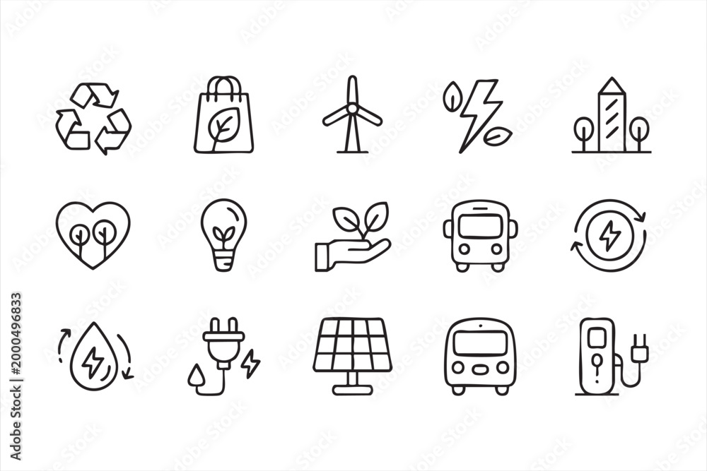 Fototapeta premium Renewable energy icon set, sustainability eco symbols for recycling solar panel wind turbine and green power apps