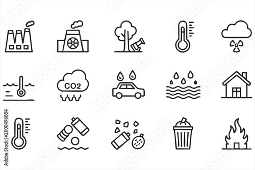 Environmental pollution icon collection, climate change warming emission and waste symbols for ecological impact design