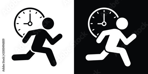 Minimalist icon of a person running in front of a clock. Represents time pressure, meeting deadlines, urgency, and fast-paced schedules. Professional graphic design for digital platforms.