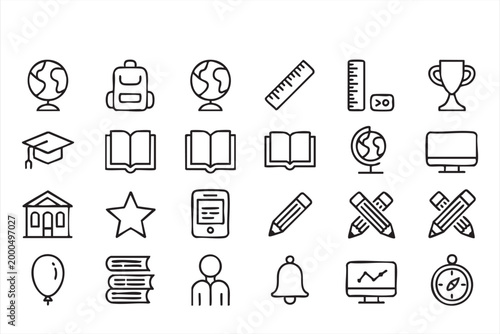 Education icon set, school learning symbols for academic tools e learning platforms and student apps