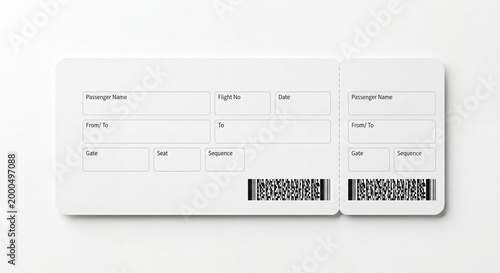 Clean minimalist white travel ticket template with barcode isolated on bright studio background