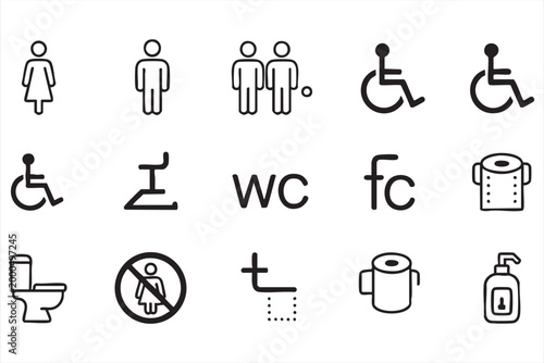 Toilet restroom icon set, WC accessibility symbols for bathroom signage, public facilities and navigation systems