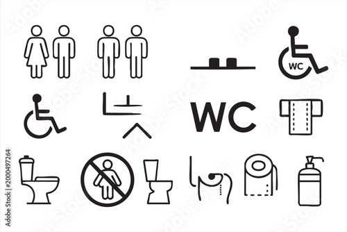 Restroom WC icon collection, toilet accessibility symbols for public signage, hygiene facilities and building systems