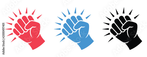 Knocking fist icon, hitting outline symbols, red blue black variations, impact gesture graphics, punch action concept, vector illustration