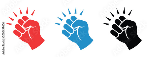 Knocking fist icon, hitting outline graphics, red blue black symbols, impact gesture concept, vector illustration