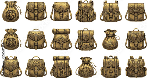 Golden Fantasy RPG Backpack and Pouch Icons – Ornate Game Loot Assets
