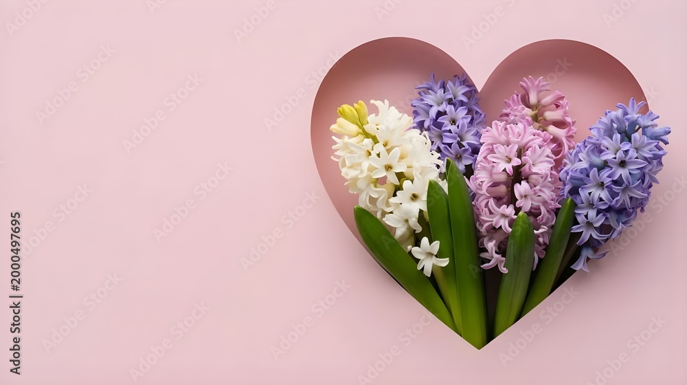 Obraz premium Flowers in a heart shape against a pink background showing spring colors and textures with vibrant hyacinth blooms