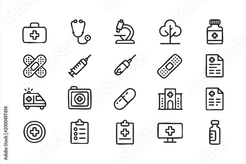 Medical hospital icon collection, healthcare clinic symbols for treatment diagnosis and health service apps