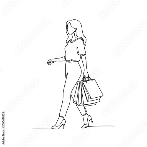 Woman walking with shopping bags, minimalist line art, fashion, retail, consumerism