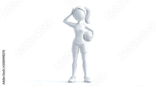 Thoughtful Female Soccer Player: A Minimalist 3D Character in a Pensive Pose with Ball