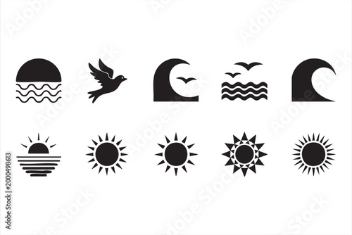 Sun moon wave icon set, nature weather symbols for travel tourism and seasonal UI design