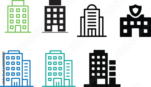 Modern building architecture icon set with outline and solid city structures for real estate urban design app interface and infographic use vector collection pack