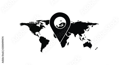 Black and white illustration of world map with location pin and globe icon on white background for travel navigation and global connectivity concept
