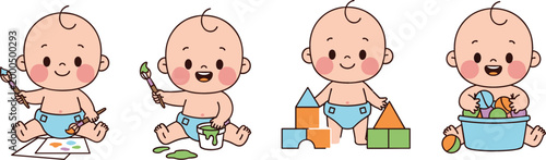 Cute baby activities set with painting building blocks and playing in tub adorable toddler cartoon vector illustration isolated on white background