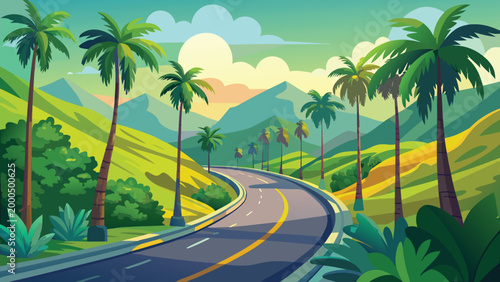 tropical road winding through lush green hills with palm trees and distant mountains high quality professional detailed modern elegant stylish clean