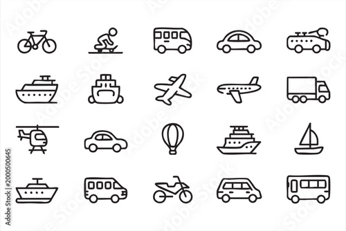 Mobility Icons Featuring Air Land and Sea Transportation Symbols