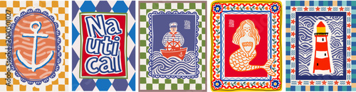 Sea and nautical summer posters and frame for interior wall. Vector naive folk illustrations of an anchor, little mermaid, sailor, lighthouse, waves,  coastal marine print, travel for card, postcard