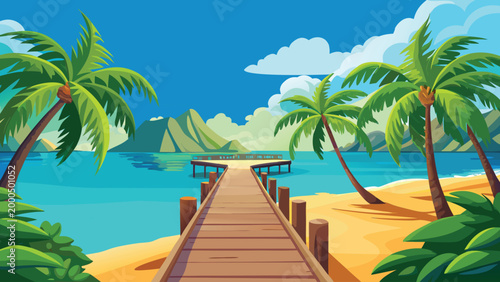 tropical beach scene with wooden pier leading to calm turquoise waters under blue sky high quality professional detailed modern elegant stylish